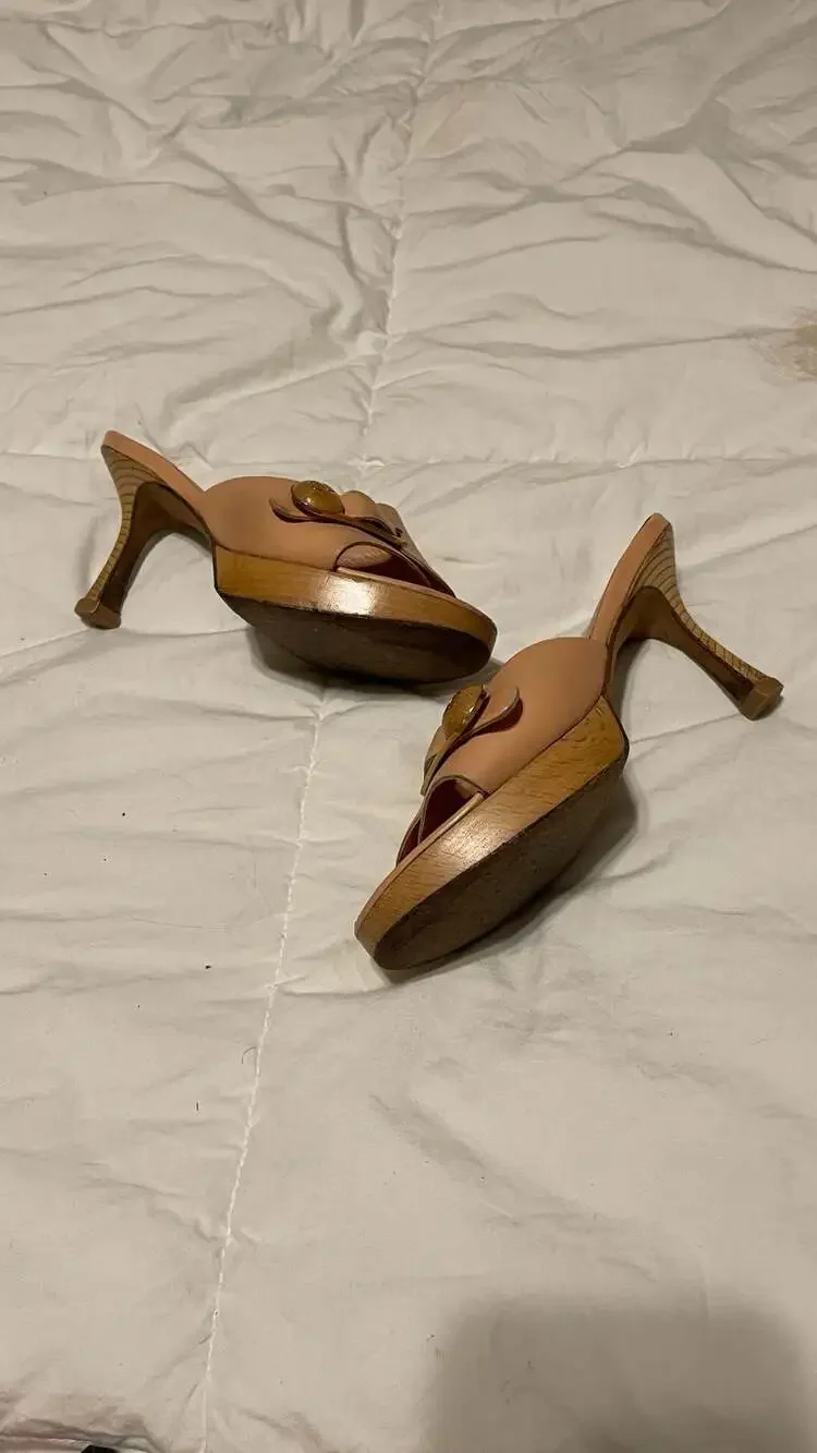 Chanel Vintage Wooden Platform Mule Heels in Beige Leather with CC Buckle Detail